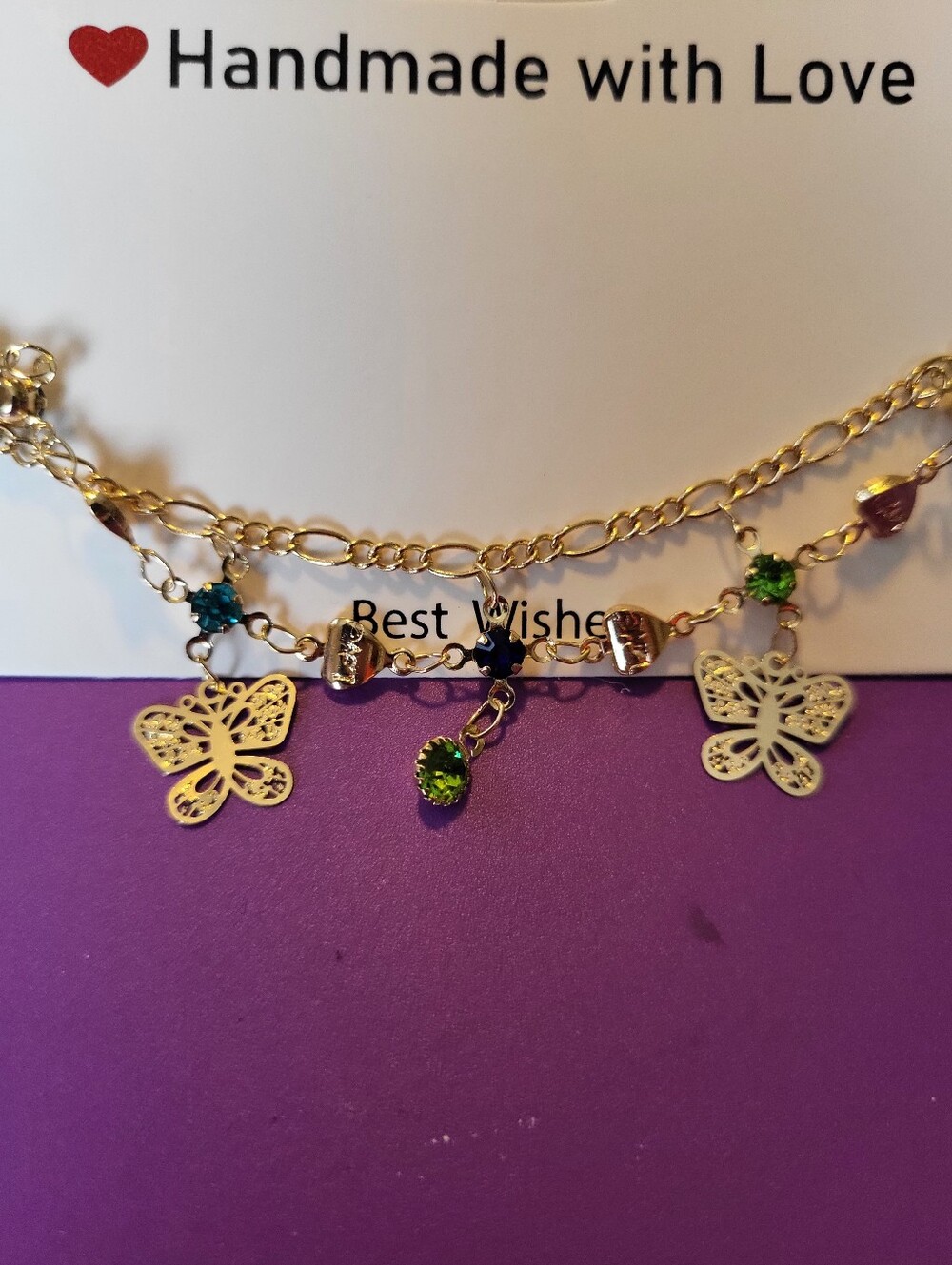 Gold Butterfly Charm Anklet with Green and Multi-Colored Stones